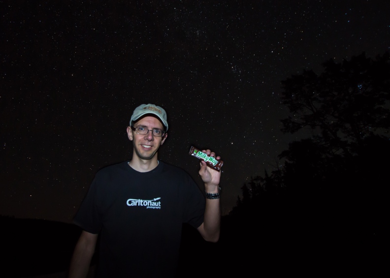 Milky way candy bar photo under stars with Carltonaut